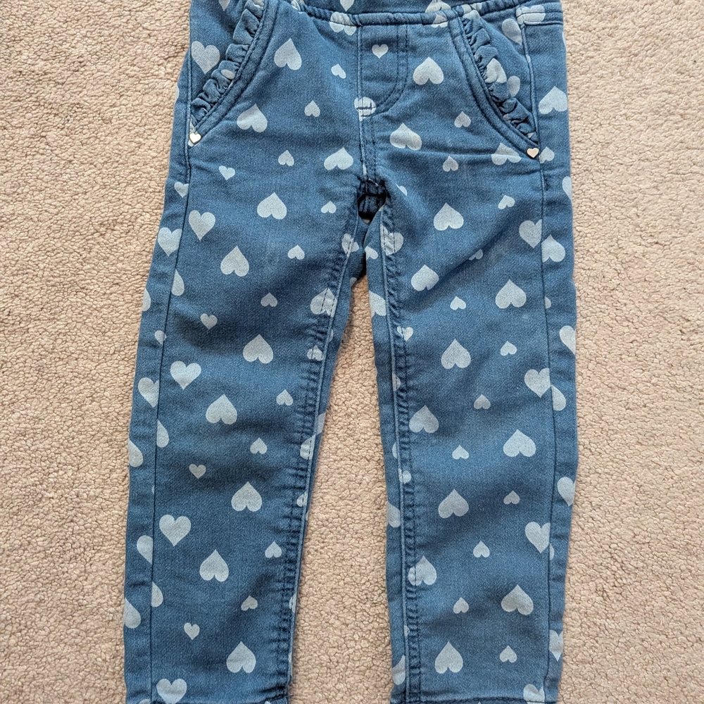 Girls' Heart Print Denim-Look Leggings - Blue